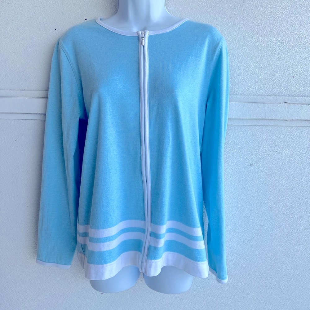 Cathy Daniels Aqua Blue Lightweight Full Zip Cotton Sweater Tennis Casual Small